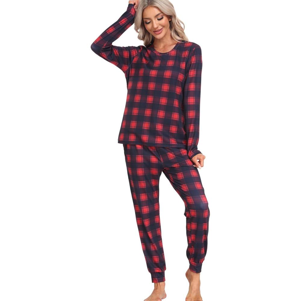 imageMoFiz Womens Long Sleeve Pajamas Sets with Plaid Pants Comfy Sleepwear Nightwear 2 Piece Pjs with PocketsAared Plaid