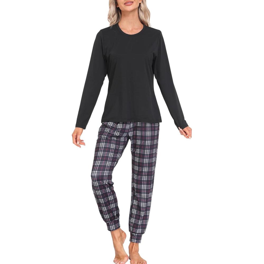 imageMoFiz Womens Long Sleeve Pajamas Sets with Plaid Pants Comfy Sleepwear Nightwear 2 Piece Pjs with PocketsAcblack