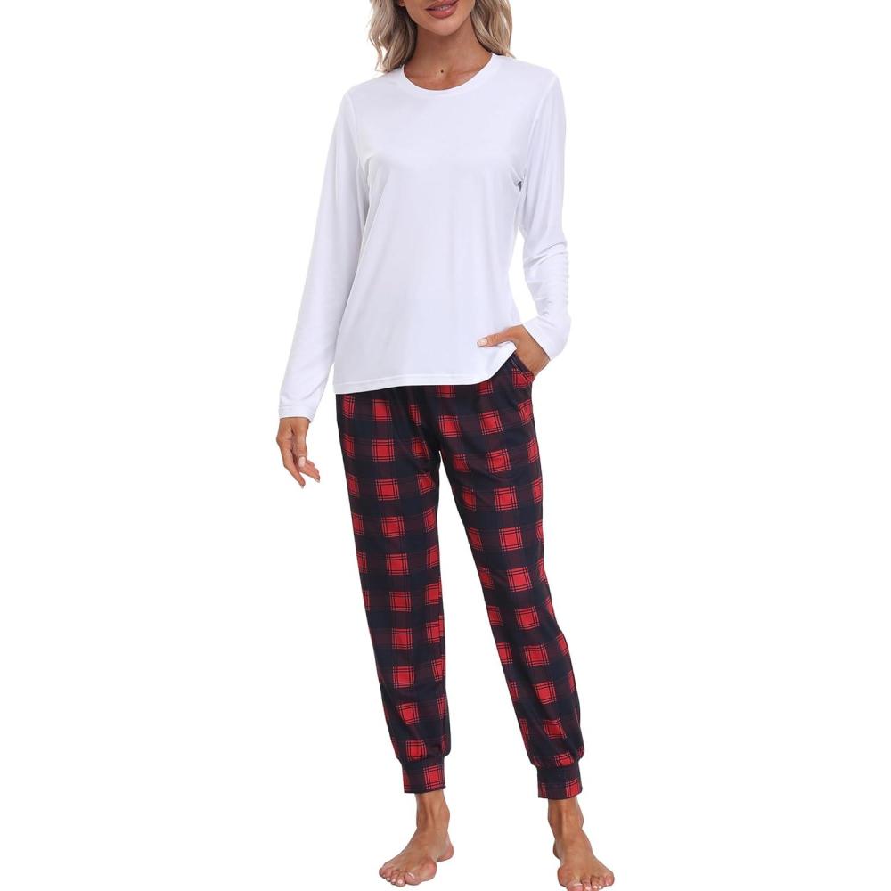 imageMoFiz Womens Long Sleeve Pajamas Sets with Plaid Pants Comfy Sleepwear Nightwear 2 Piece Pjs with PocketsAdwhite