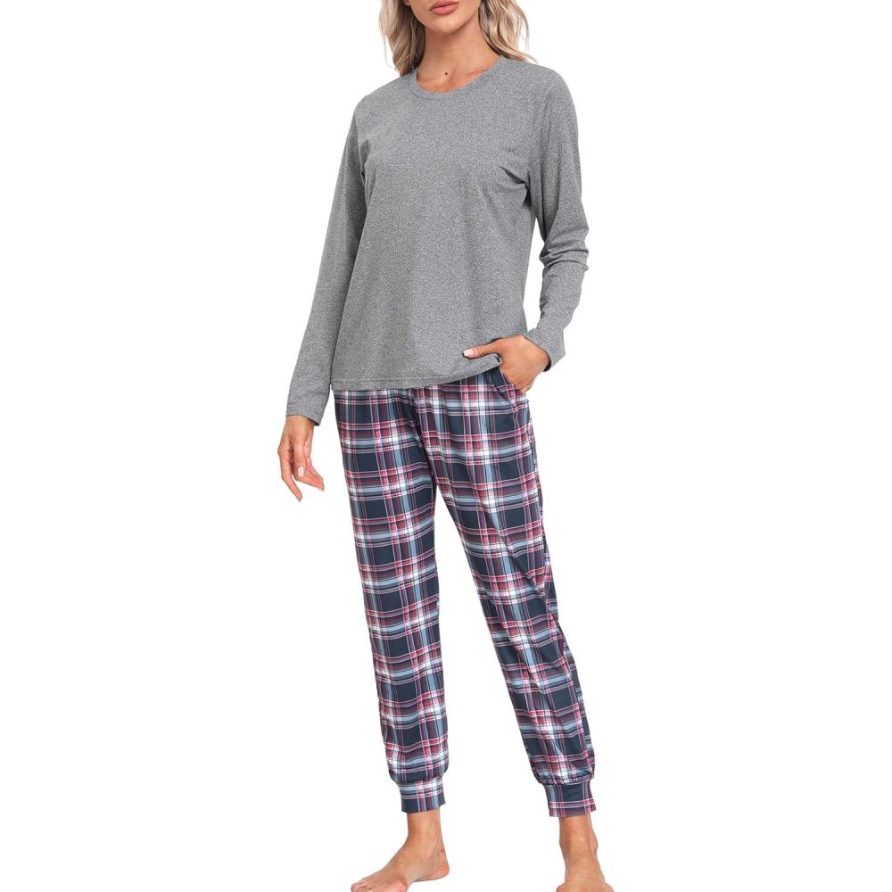 imageMoFiz Womens Long Sleeve Pajamas Sets with Plaid Pants Comfy Sleepwear Nightwear 2 Piece Pjs with PocketsAggrey