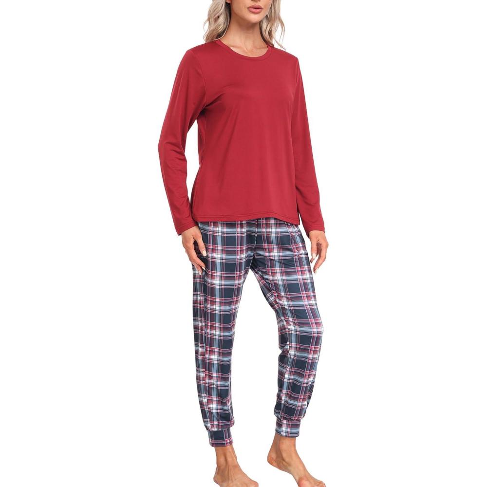 imageMoFiz Womens Long Sleeve Pajamas Sets with Plaid Pants Comfy Sleepwear Nightwear 2 Piece Pjs with PocketsWine Red