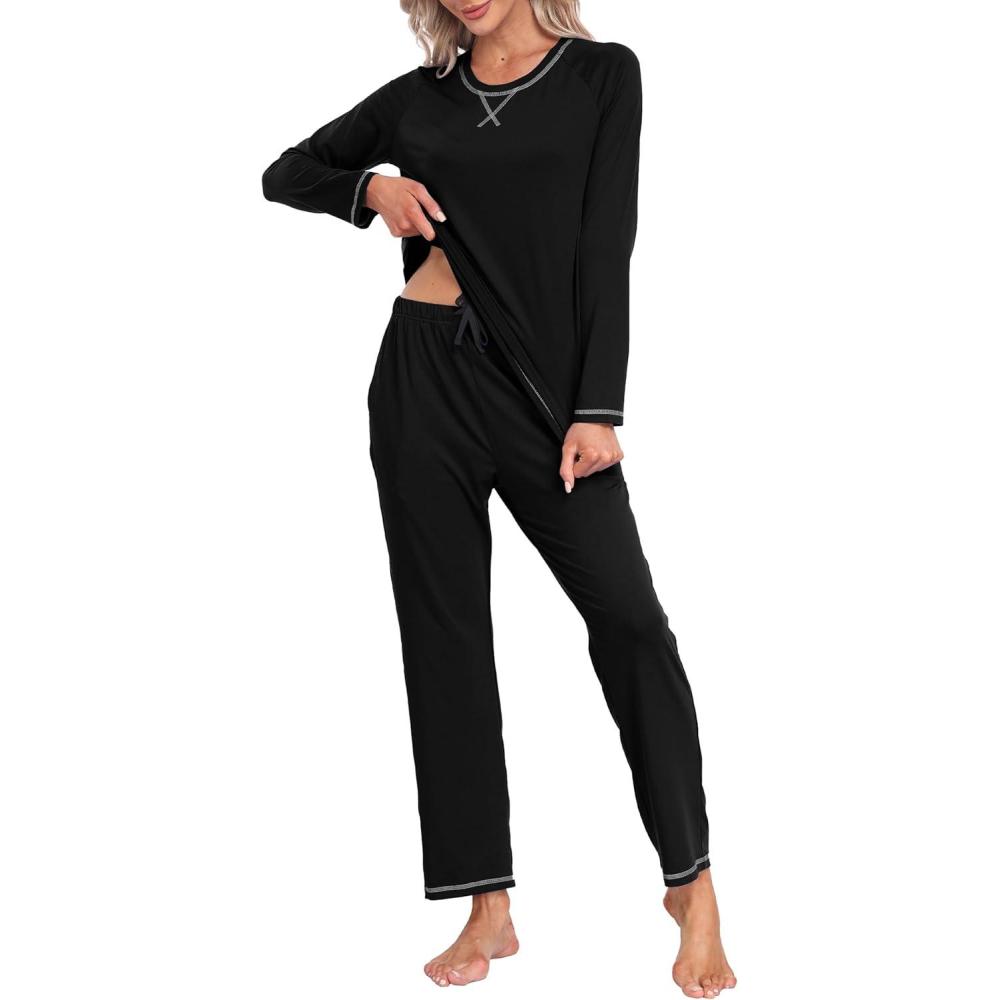 imageMoFiz Womens Pajamas Sets Long Sleeve Sleepwear 2 Piece Pjs Lightweight Lounge Set with PocketsBlack