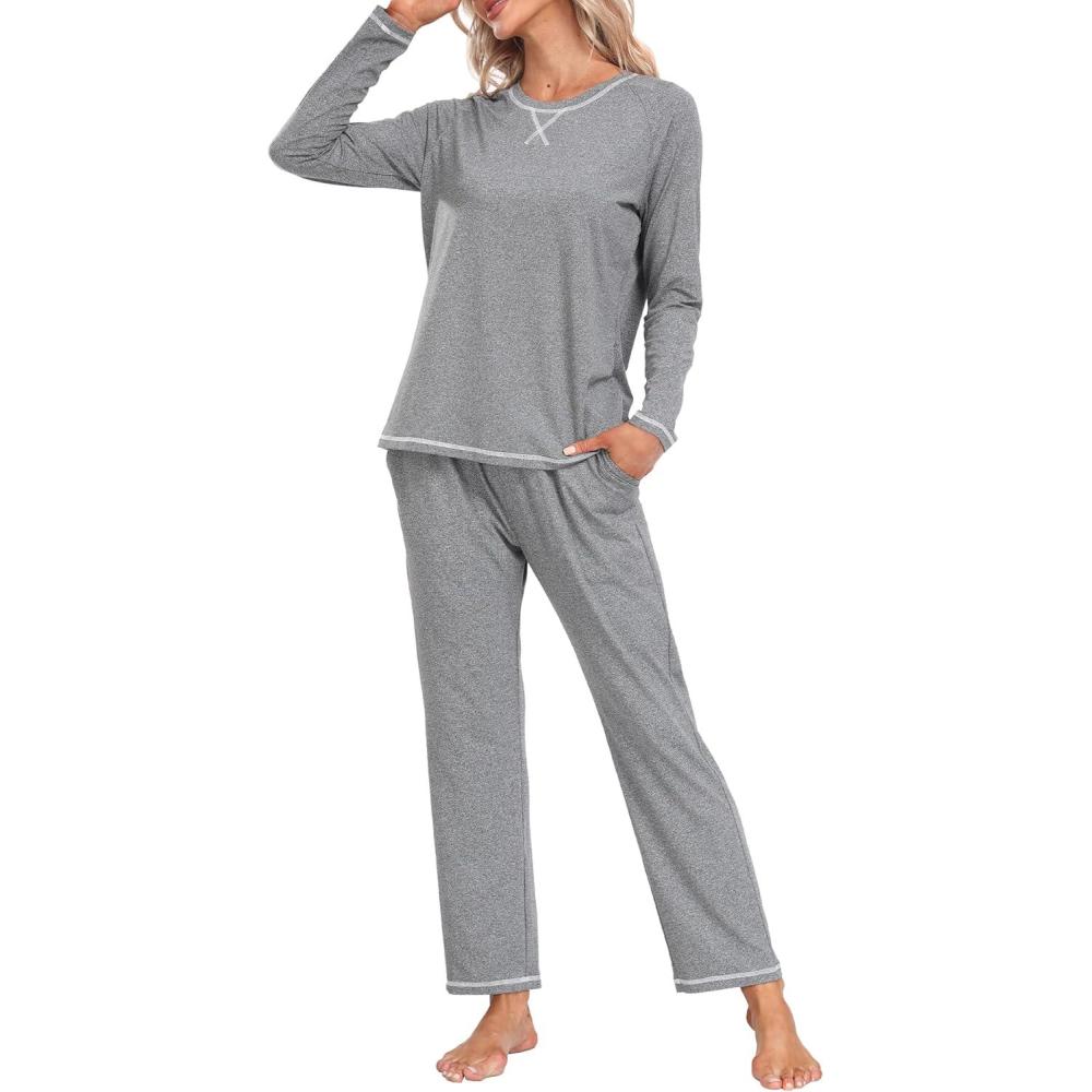 imageMoFiz Womens Pajamas Sets Long Sleeve Sleepwear 2 Piece Pjs Lightweight Lounge Set with PocketsGrey
