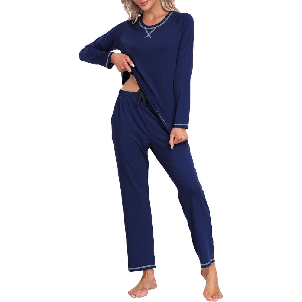 imageMoFiz Womens Pajamas Sets Long Sleeve Sleepwear 2 Piece Pjs Lightweight Lounge Set with PocketsNavy
