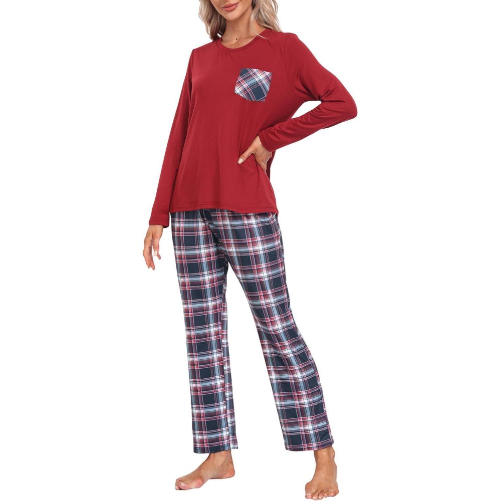 imageMoFiz Womens Pajamas Sets Long Sleeve Soft Sleepwear 2 Piece Pjs Lightweight Lounge SetPlaid 57