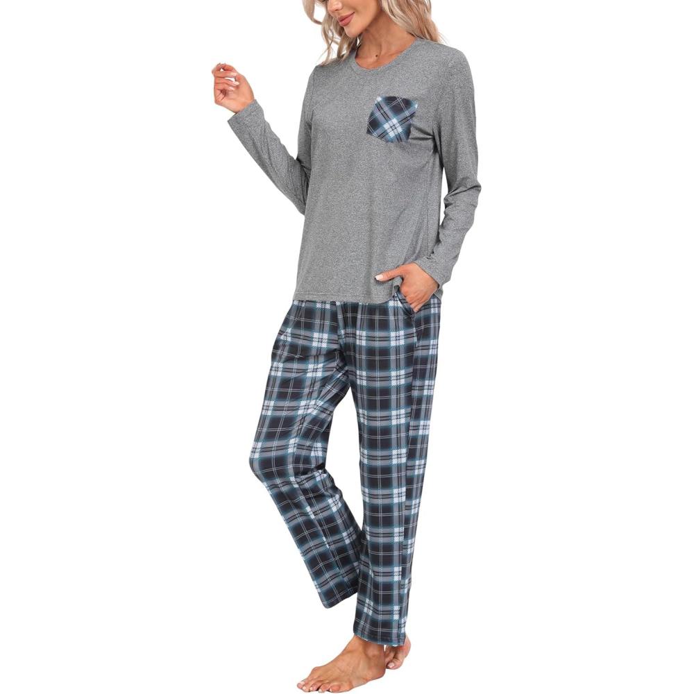 imageMoFiz Womens Plaid Pajama Set Long Sleeve Soft 2Piece Sleepwear with Pockets Cozy PJs ampamp Loungewear for Holiday Christmas56blue Plaid