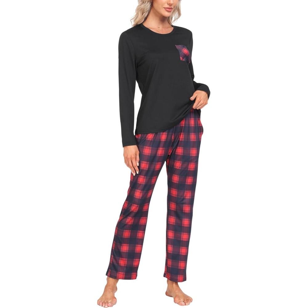 imageMoFiz Womens Plaid Pajama Set Long Sleeve Soft 2Piece Sleepwear with Pockets Cozy PJs ampamp Loungewear for Holiday Christmas58red Plaid