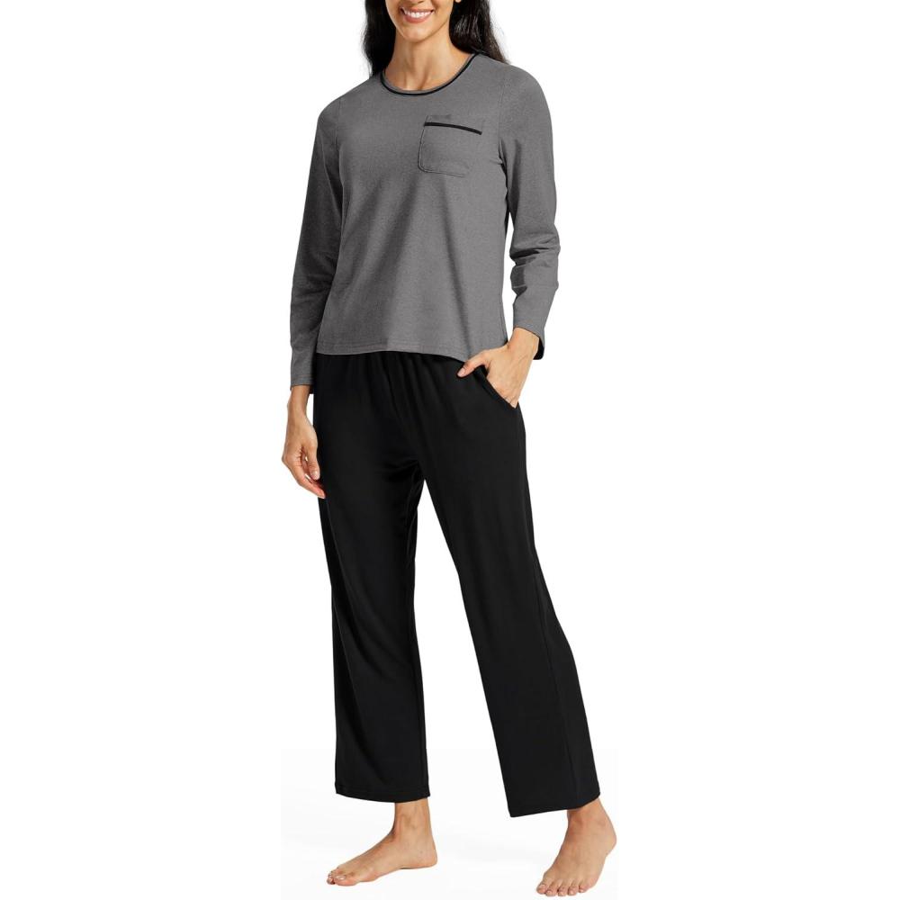 imageMoFiz Womens Plaid Pajama Set Long Sleeve Soft 2Piece Sleepwear with Pockets Cozy PJs ampamp Loungewear for Holiday ChristmasDark Gray Top  Black Pants Set