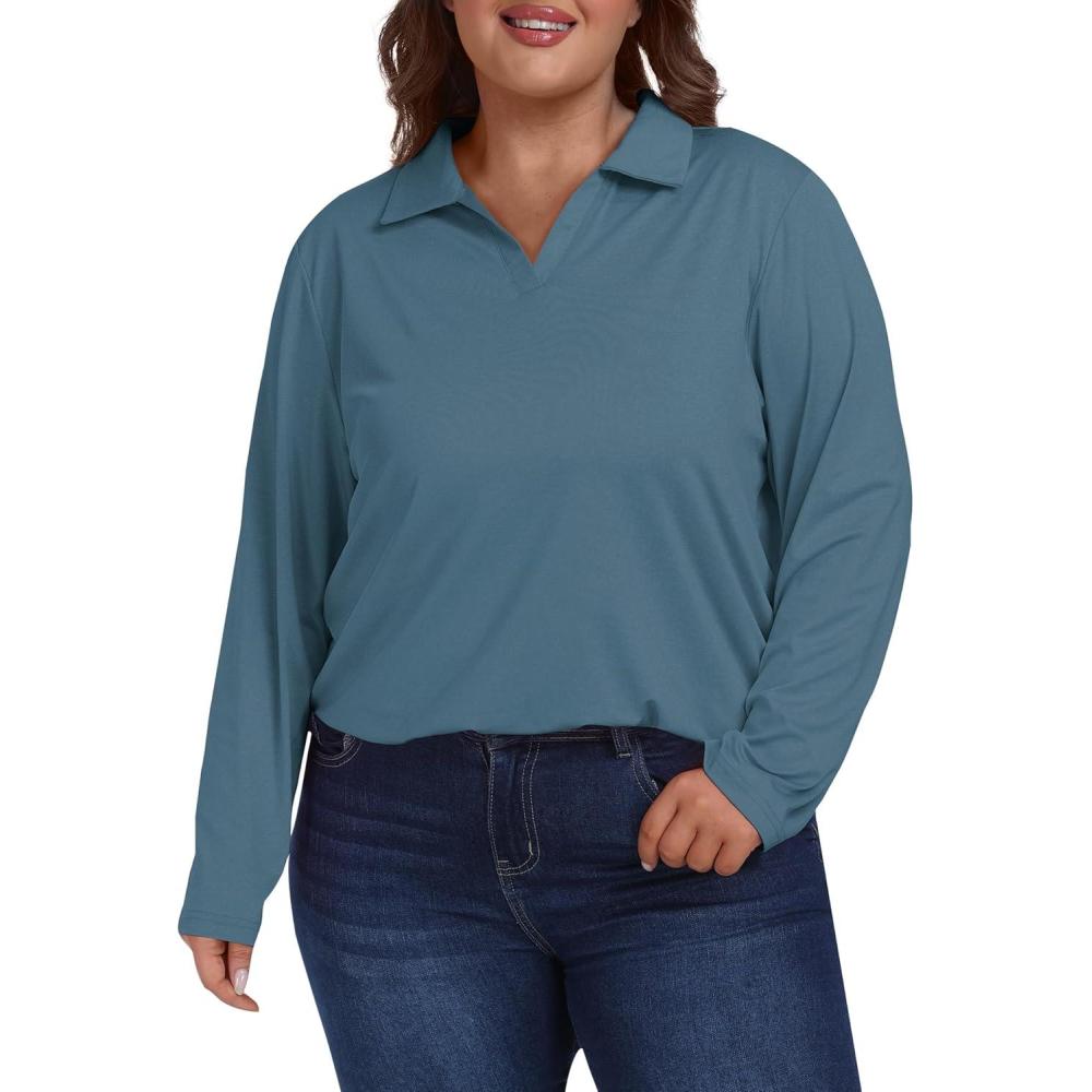 imageMoFiz Womens Plus Size Golf Long Sleeve Polo Shirts V Neck Workout Casual Loose Fit Tops XL5XLBlue