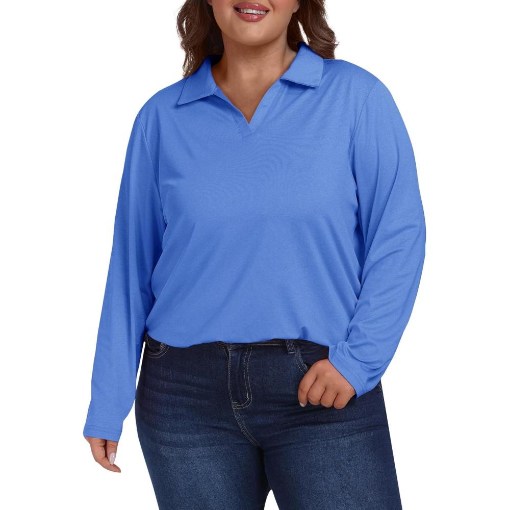 imageMoFiz Womens Plus Size Golf Long Sleeve Polo Shirts V Neck Workout Casual Loose Fit Tops XL5XLSkyblue