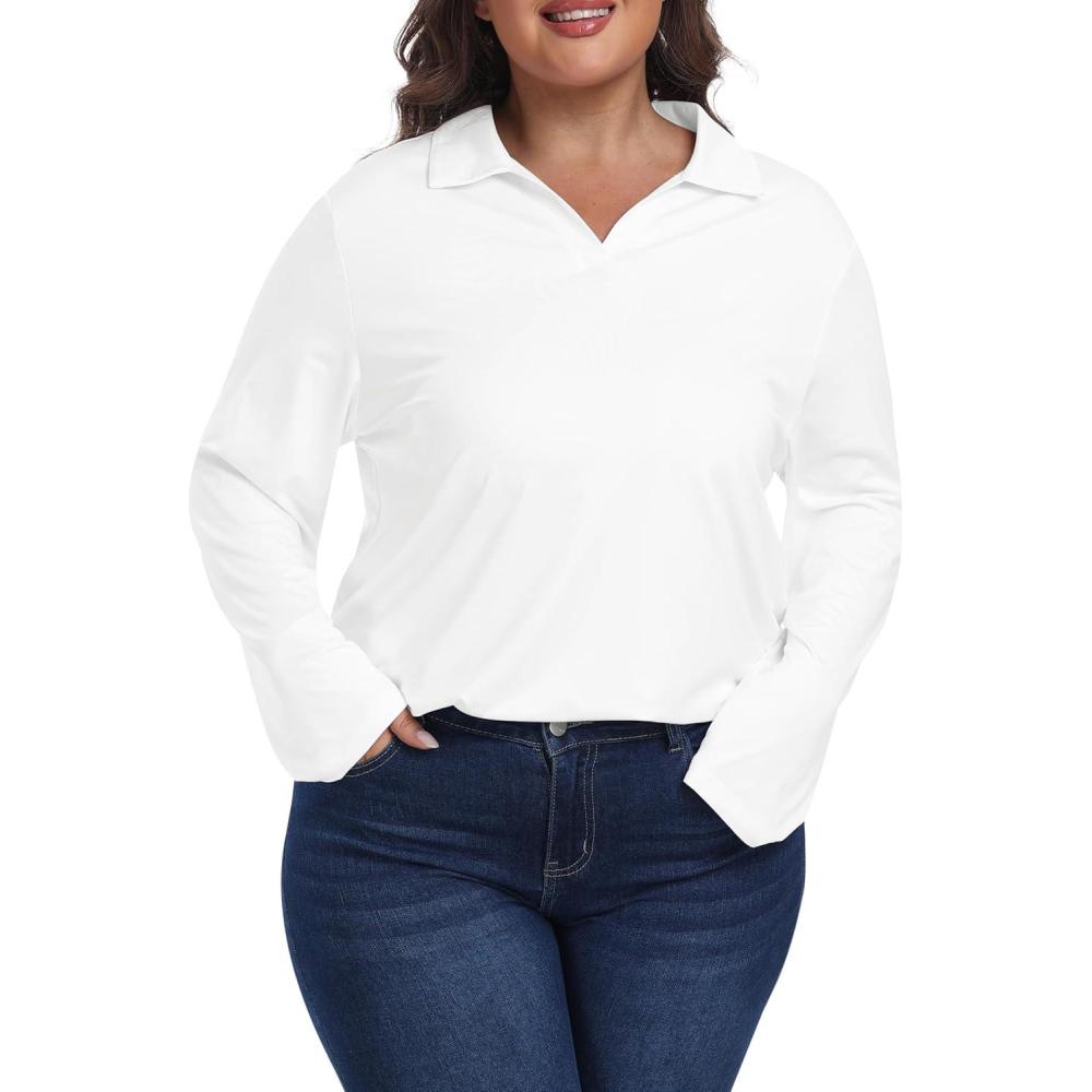 imageMoFiz Womens Plus Size Golf Long Sleeve Polo Shirts V Neck Workout Casual Loose Fit Tops XL5XLWhite