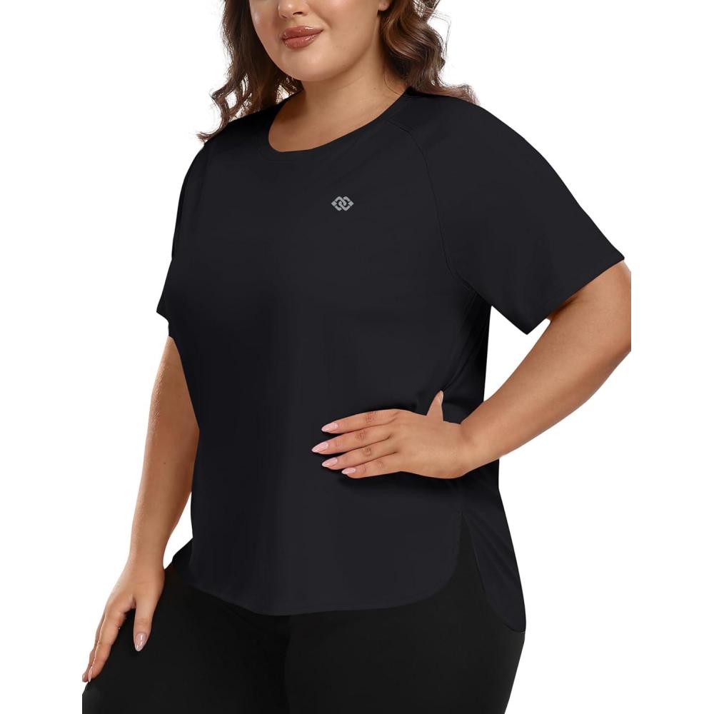 imageMoFiz Womens Plus Size Workout Tops Short Sleeve Running Shirts UPF 50 Hiking TShirts Quick Dry Athletic TopBlack