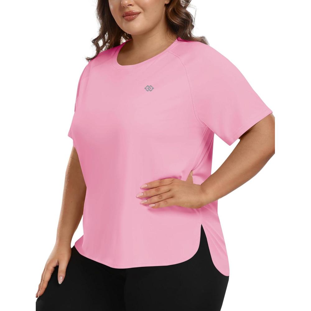 imageMoFiz Womens Plus Size Workout Tops Short Sleeve Running Shirts UPF 50 Hiking TShirts Quick Dry Athletic TopPink