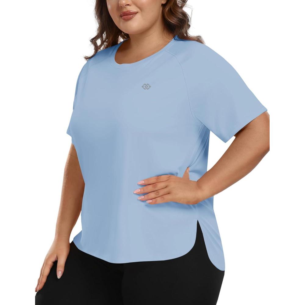 imageMoFiz Womens Plus Size Workout Tops Short Sleeve Running Shirts UPF 50 Hiking TShirts Quick Dry Athletic TopSky Blue