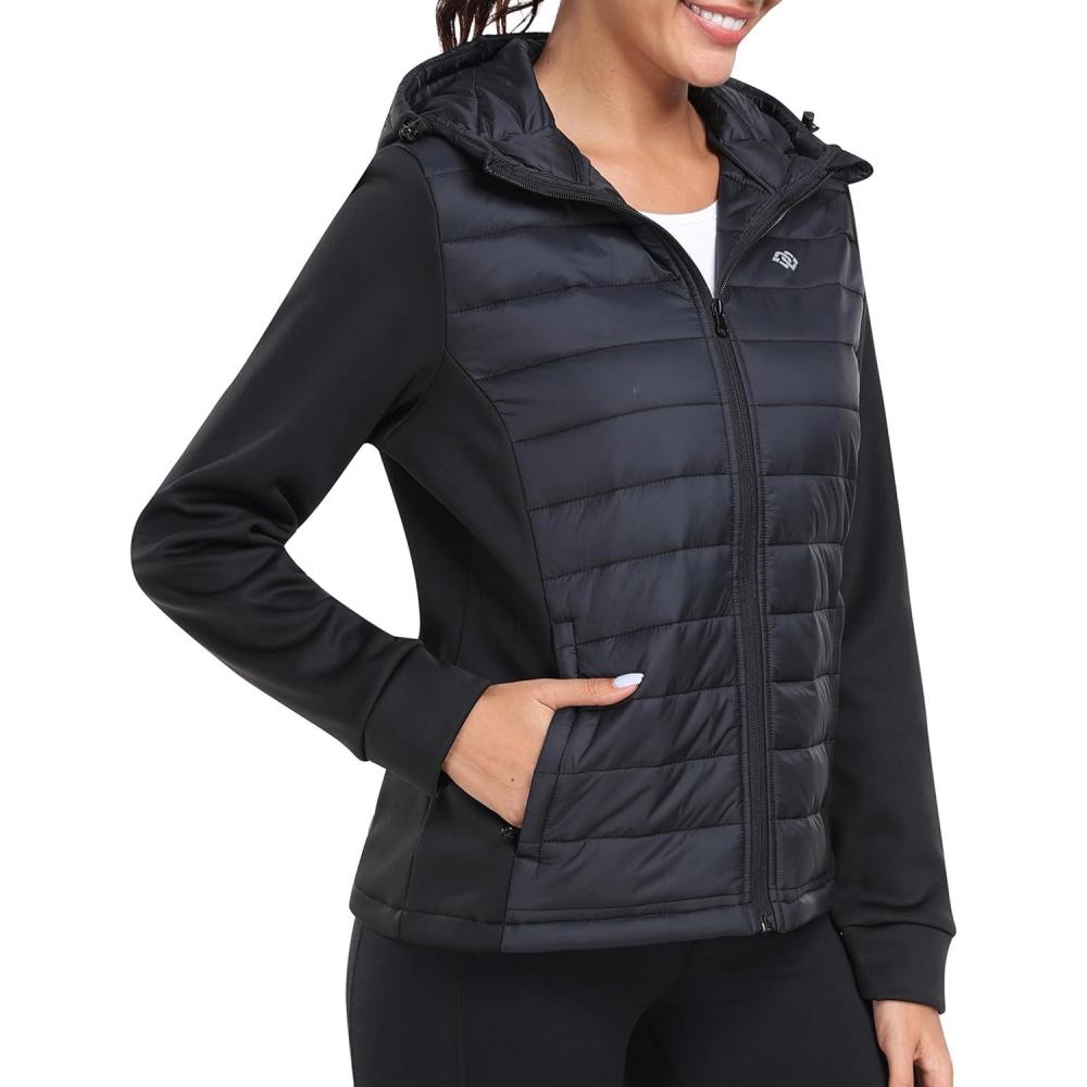 imageMoFiz Womens Softshell Jacket with Hood Fleece Lined Warm Lightweight Waterproof Insulated Fall Running CoatBlack