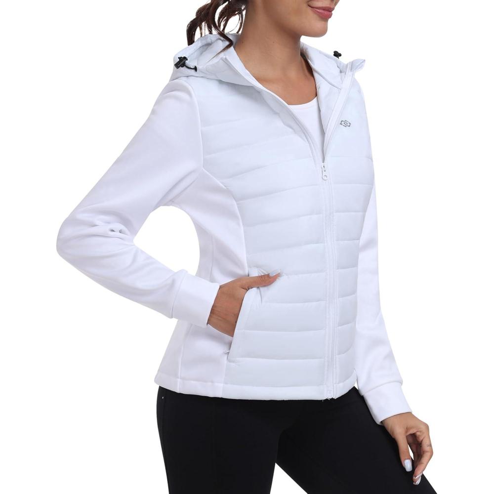 imageMoFiz Womens Softshell Jacket with Hood Fleece Lined Warm Lightweight Waterproof Insulated Fall Running CoatWhite