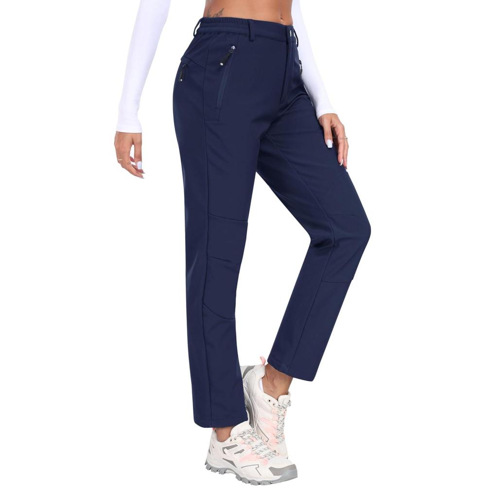 imageMoFiz Womens Waterproof Insulated Snow Ski Pants Fleece Lined Winter Hiking Fishing Pants Elastic Waist with Zipper PocketsNavy Blue