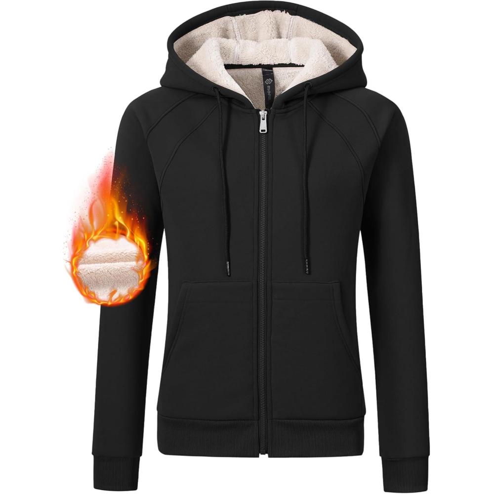imageMoFiz Womens Zip up Hoodie Fleece Lined Warm Jackets Winter Thick Hoodies with PocketsBlack