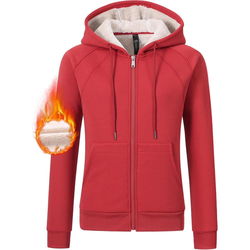 imageMoFiz Womens Zip up Hoodie Fleece Lined Warm Jackets Winter Thick Hoodies with PocketsRed