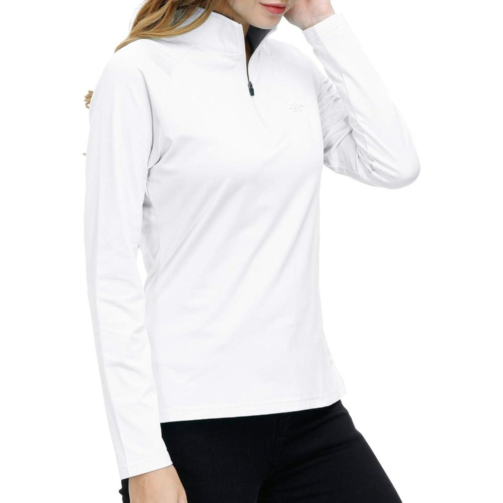 imageWomens 14 Zip Golf Shirt Long Sleeve Lightweight Golf Pullover Outdoor Athletic Tennis Polo ShirtsCwhite