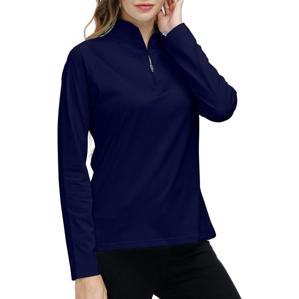 imageWomens 14 Zip Golf Shirt Long Sleeve Lightweight Golf Pullover Outdoor Athletic Tennis Polo ShirtsDark Blue