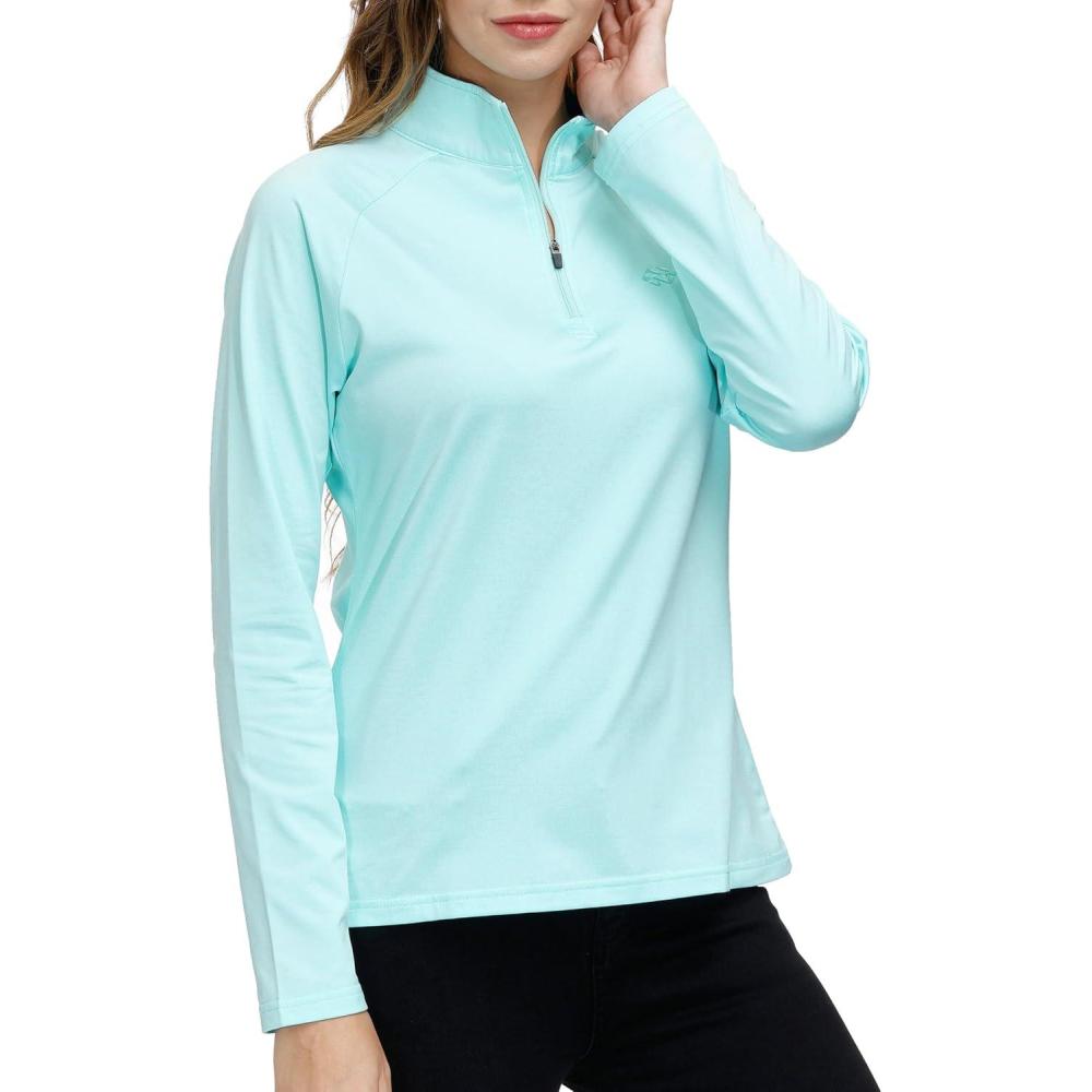 imageWomens 14 Zip Golf Shirt Long Sleeve Lightweight Golf Pullover Outdoor Athletic Tennis Polo ShirtsGreen