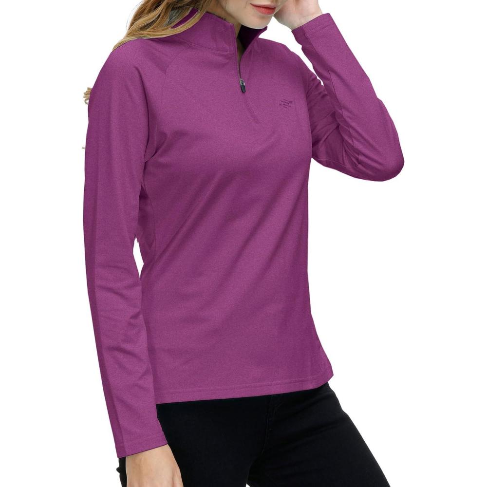 imageWomens 14 Zip Golf Shirt Long Sleeve Lightweight Golf Pullover Outdoor Athletic Tennis Polo ShirtsPurple