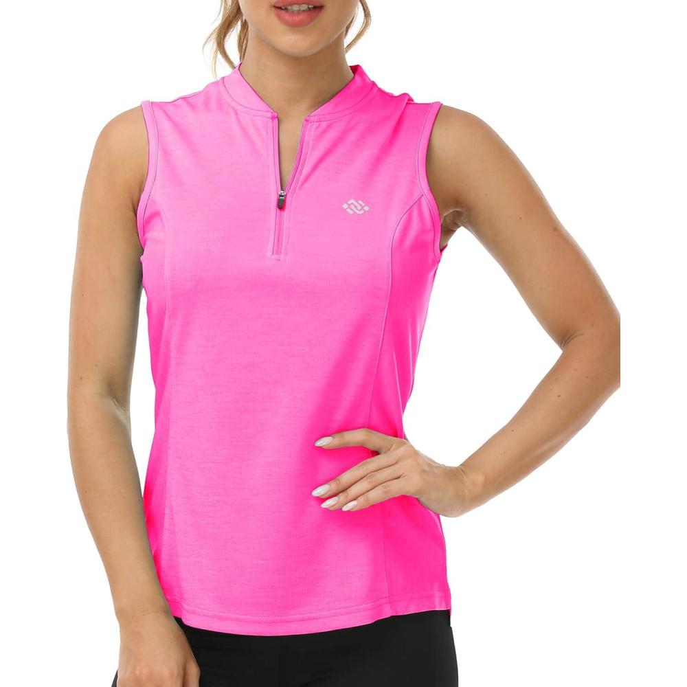 imageWomens Sleeveless Tennis Shirt Golf Shirts for Women Quick Dry Pickleball Shirts UPF 50 Sportswear TShirts with ZipperRose Red