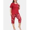 JINSHI Women’s Plus Size Pajama Sets Short Sleeve Pjs Set V Neck Tops & Capri Pants Sleepwear 2 Piece Lounge Set XL-5XL(Sky Red)