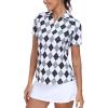 MoFiz Women’s Golf Polo Shirt Short Sleeve Collared 1/4 Zip Athletic Tennis Shirt Quick-Dry Lightweight Summer Casual Tops(Black Grey Argyle)