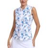 MoFiz Women’s Golf Polo Shirt Sleeveless 1/4 Zip Collarless Tennis Tank Tops Quick-Dry Lightweight Athletic Sport T-Shirt(Blue White Floral)