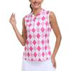 MoFiz Women’s Golf Polo Shirt Sleeveless 1/4 Zip Collarless Tennis Tank Tops Quick-Dry Lightweight Athletic Sport T-Shirt(Rose Pink Argyle)