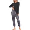 MoFiz Women’s Long Sleeve Pajamas Sets with Plaid Pants Comfy Sleepwear Nightwear 2 Piece Pjs with Pockets(Ac-black)