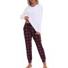 MoFiz Women’s Long Sleeve Pajamas Sets with Plaid Pants Comfy Sleepwear Nightwear 2 Piece Pjs with Pockets(Ad-white)
