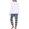 MoFiz Women’s Long Sleeve Pajamas Sets with Plaid Pants Comfy Sleepwear Nightwear 2 Piece Pjs with Pockets(Ae-white)