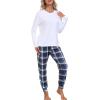 MoFiz Women’s Long Sleeve Pajamas Sets with Plaid Pants Comfy Sleepwear Nightwear 2 Piece Pjs with Pockets(Ae-white)