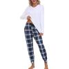 MoFiz Women’s Long Sleeve Pajamas Sets with Plaid Pants Comfy Sleepwear Nightwear 2 Piece Pjs with Pockets(Ae-white)