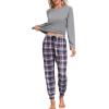 MoFiz Women’s Long Sleeve Pajamas Sets with Plaid Pants Comfy Sleepwear Nightwear 2 Piece Pjs with Pockets(Ag-grey)