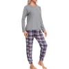 MoFiz Women’s Long Sleeve Pajamas Sets with Plaid Pants Comfy Sleepwear Nightwear 2 Piece Pjs with Pockets(Ag-grey)