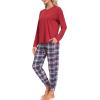 MoFiz Women’s Long Sleeve Pajamas Sets with Plaid Pants Comfy Sleepwear Nightwear 2 Piece Pjs with Pockets(Wine Red)