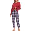 MoFiz Women’s Long Sleeve Pajamas Sets with Plaid Pants Comfy Sleepwear Nightwear 2 Piece Pjs with Pockets(Wine Red)