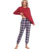 MoFiz Women’s Long Sleeve Pajamas Sets with Plaid Pants Comfy Sleepwear Nightwear 2 Piece Pjs with Pockets(Wine Red)