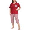JINSHI Women’s Plus Size Pajama Sets Short Sleeve Pjs Set V Neck Tops & Capri Pants Sleepwear 2 Piece Lounge Set XL-5XL(Red Stripes)