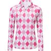 MoFiz Women’s Golf Polo Shirt Long Sleeve Collared 1/4 Zip Stretch Soft Athletic Tops for Tennis Hiking & Outdoor Sports(Rose Pink Argyle)