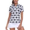 MoFiz Women’s Golf Polo Shirt Short Sleeve Collared 1/4 Zip Athletic Tennis Shirt Quick-Dry Lightweight Summer Casual Tops(Black Grey Argyle)