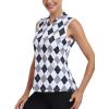 MoFiz Women’s Golf Polo Shirt Sleeveless 1/4 Zip Collarless Tennis Tank Tops Quick-Dry Lightweight Athletic Sport T-Shirt(Gray Black Argyle)