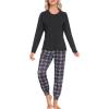 MoFiz Women’s Long Sleeve Pajamas Sets with Plaid Pants Comfy Sleepwear Nightwear 2 Piece Pjs with Pockets(Ac-black)