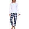 MoFiz Women’s Long Sleeve Pajamas Sets with Plaid Pants Comfy Sleepwear Nightwear 2 Piece Pjs with Pockets(Ae-white)