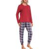 MoFiz Women’s Long Sleeve Pajamas Sets with Plaid Pants Comfy Sleepwear Nightwear 2 Piece Pjs with Pockets(Wine Red)