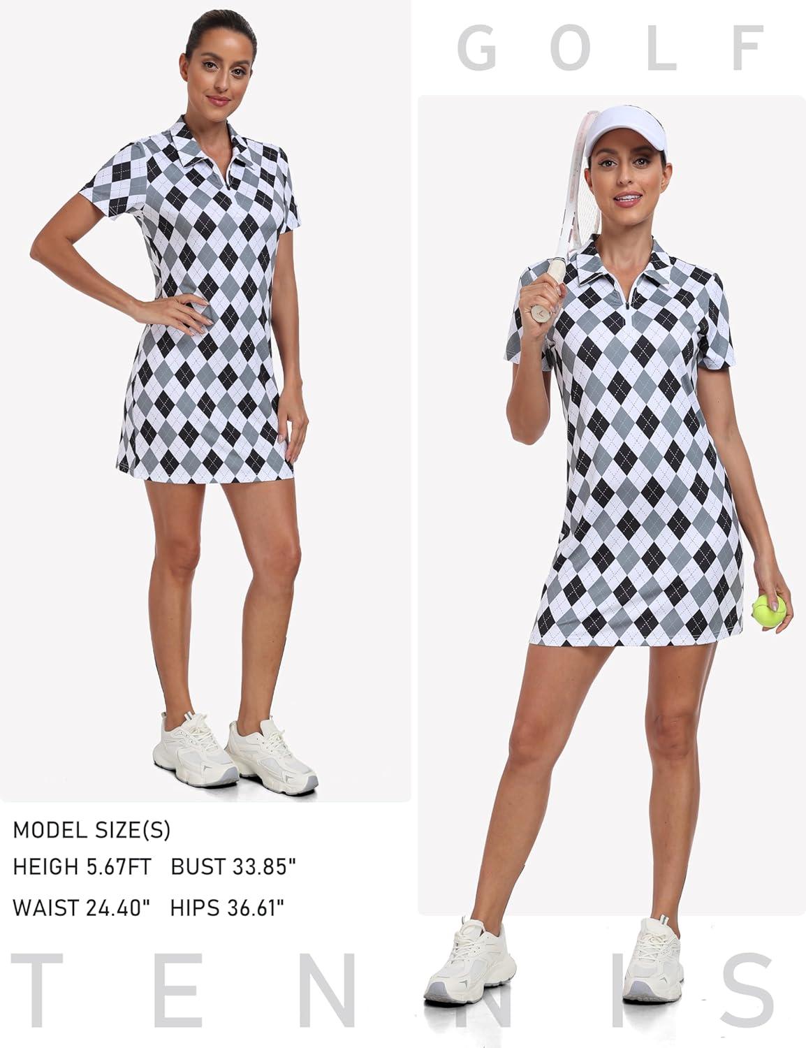 imageJINSHI Womens Golf Dress Quick Dry V Neck Short Sleeve Zip Up Workout Athletic Tennis Dresses